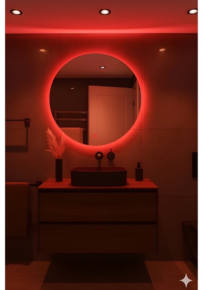 Digital Hayat Dokunmatik Dimlenebilir Kırmızı Led Işıklı Yuvarlak Ayna Dekoratif Banyo Makyaj Aynası Kırmızı