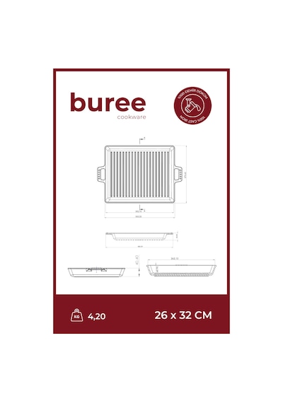 Buree Dikdörtgen Teflon Kaplamalı Izgara Döküm Tava - 26 X 32 Cm Tanımsız