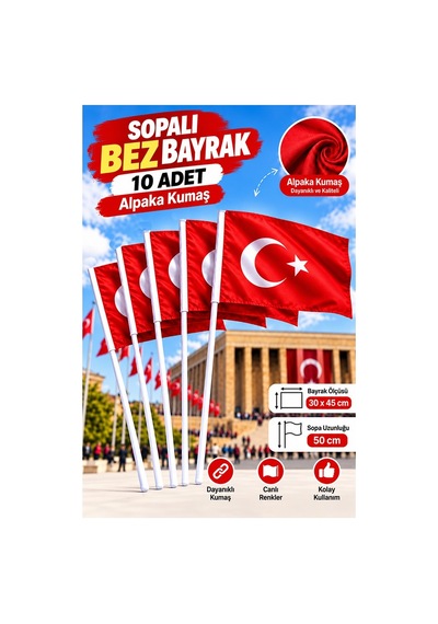 Sopalı Bez Bayrak 30x45 Cm 10 Adet Saplı Bayrak Ay Yıldız Plastik Çıtalı 30x45 Bez Bayrak Mill Bayram Kutlama 30 x 45 CM