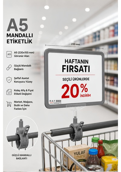 A5 Mandallı Etiketlik Fiyatlık Sepet Raf Askılık Fiyat Etiketi Çerçeveli Market Mağaza Gri