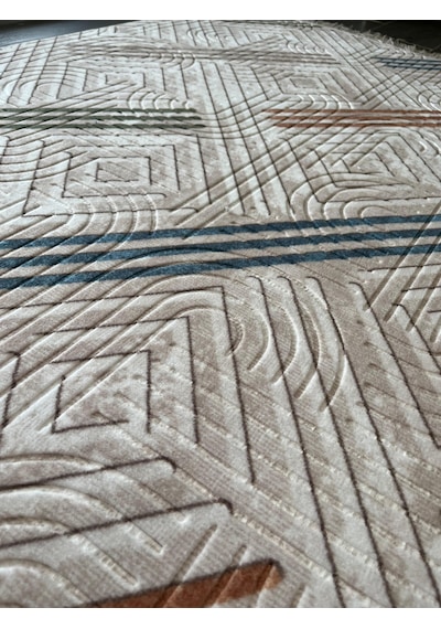 Konak Halı Renkli Modern Halı Geometrik Desenli Emboss Saçaklı Salon Halısı Krem