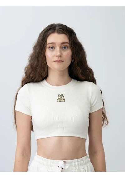 Zekids Kız Çocuk Fitilli Yarım Kollu Crop T-shirt-15799 Krem Yeşil