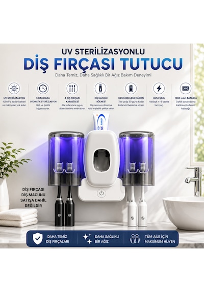 Uv Sterilizasyonlu Diş Fırçası Tutucu, Otomatik Diş Macunu Dispenseri, 4 Fırça Kapasiteli, 1200mah Şarjlı, Duvara Monte Beyaz