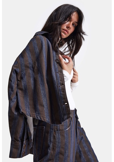 Kadın Kahve Kot Çizgili 1w6-7 Oversize Denim Ceket