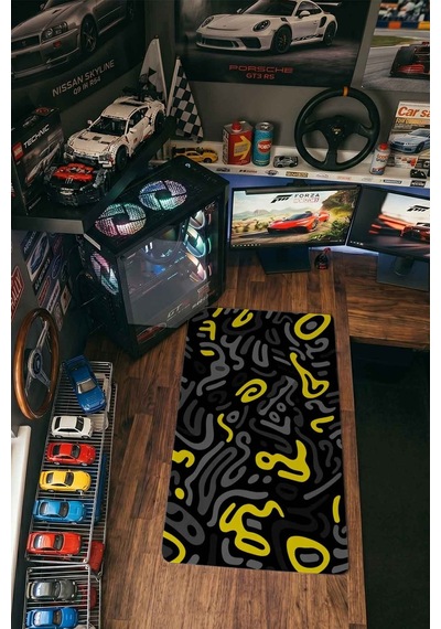 Sarı Gri Siyah Doodle Desen 40x90 Cm Oyuncu Mousepad Kaymaz Taban Büyük Boy Mousepad