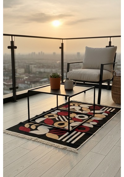 Modern Bohem Desenli Makinede Yıkanabilir Çift Taraflı Günlük Kullanıma Uygun Kilim Renkli