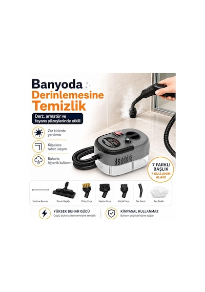 7 Başlıklı Çok Amaçlı Buharlı Temizleyici Şeffaf Su Hazneli Koltuk, Cam, Fayans Ve Zemin Temizleme Makinesi