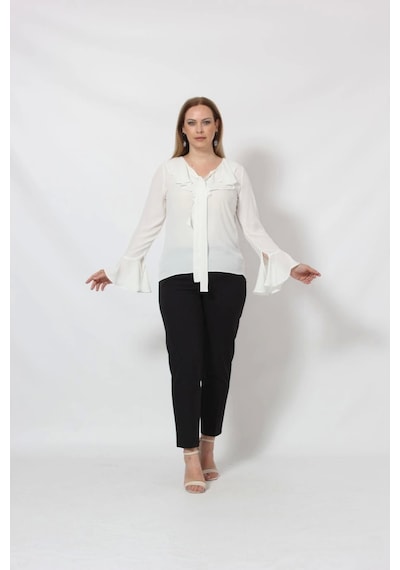 Moda Berray 3241-5be Beyaz İspanyol Kol Boyun Bağlama Detaylı Bluz Beyaz