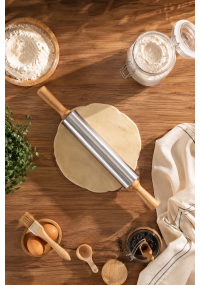Porsima Mnb05773 Ahşap Saplı Paslanmaz Çelik Merdane Oklava Hamur Pizza Börek Açma Oklava 43cm