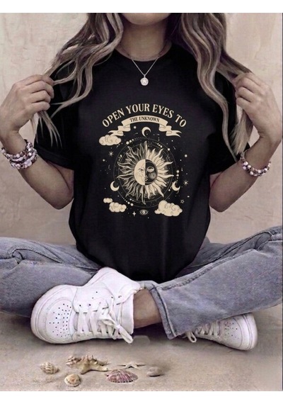 Siyah Güneş Ve Ay Baskılı Oversize T-shirt Siyah