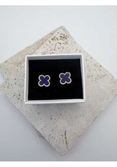 Çelik Yonca Küpe Renkli Mineli Gold Kadın Küpe 1 Cm Minimal Günlük Küpe Lacivert
