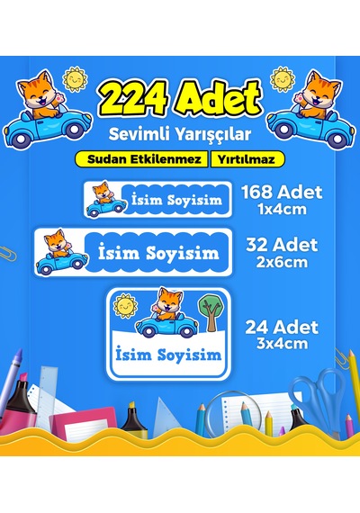Sevimli Yarışçı Temalı Okul Kreş Kişiye Özel İsim Etiket Seti - Model 269 Çok Renkli