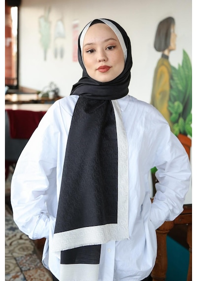 Premium Lux Original Monogram Şal İpek Vual, Yüksek Kalite, Hafif, Rahat, Şık, Tesettür, Shawl Siyah - Beyaz