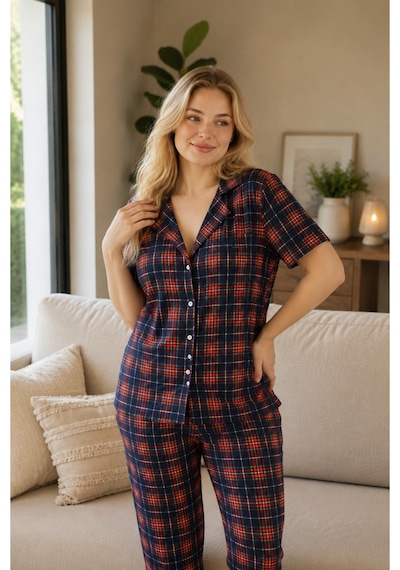 Rindahomewear Büyük Beden Ekose Desen Milan Düğmeli Pijama Takımı Lacivert