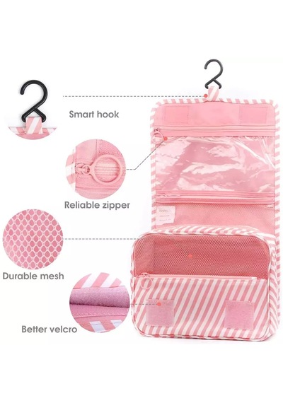 Çok Fonksiyonlu Askılı Makyaj Çantası Pembe Line Desen Büyük Boy