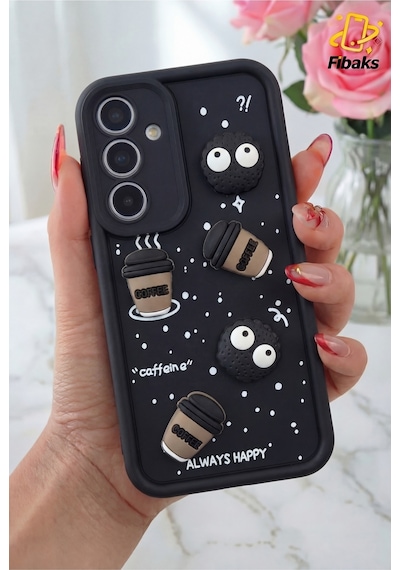 Galaxy Uyumlu A16 Kamera Korumalı Coffee Kurabiye Figürlü Siyah Yumuşak Silikon Kapak