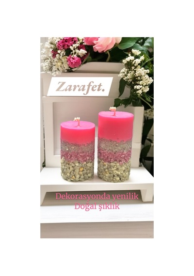 Dekoratif Taşlı Pembe Mum 2 Li Özel Tasarım