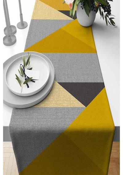 Hardal Geometrik Desenli Premium Masa Örtüsü Runner Rnr611n11