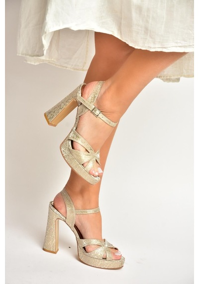 Fox Shoes Y246170214 Altın Sim Kalın Platform Topuklu Abiye Ayakkabı