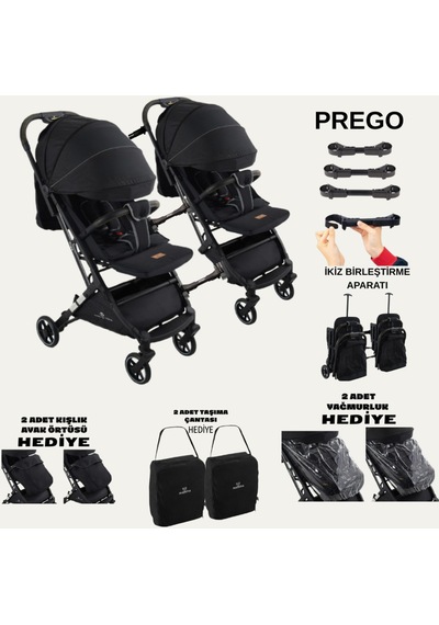 Prego Yan Yana Birleştirmeli Kabin Boy İkiz Bebek Arabası Ayak Örtüsü + Yağmurluk + Taşıma Çanatası