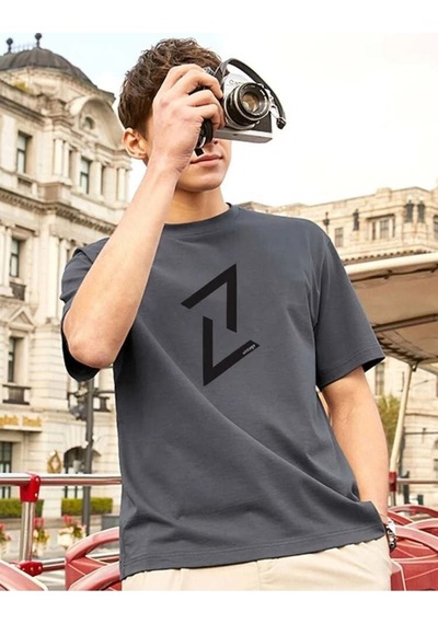 Füme Oversize Şekil Baskılı T-shirt - Oversize Baskılı Füme