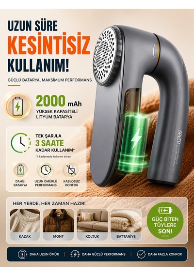 Şarjlı Tüy Toplama Makinesi 9000 Rpm, 2000mah Usb-c Şarjlı Kumaş Tüy Temizleyici, 180 Katlanabilir Başlık, 2 Diğer