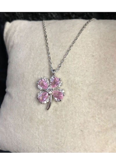 Vog Pembe Damla Taşlı 4 Yapraklı Yonca 925 Ayar Gümüş Sevgiliye,anneye,eşe,arkadaşa Kolye
