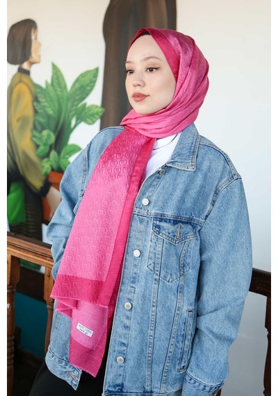 Premium Lux Original Monogram Şal İpek Vual, Yüksek Kalite, Hafif, Rahat, Şık, Tesettür, Shawl Fuşya Şeritli - Logolu