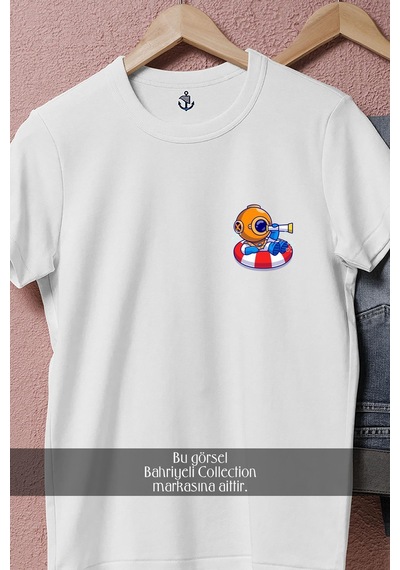 Oversize Can Simidi İçinde Mini Dalgıç Cep Tasarımlı Unisex T-shirt Beyaz