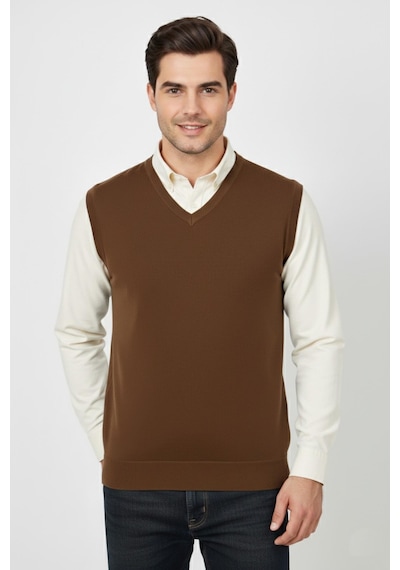 Erkek V Yaka Süveter Çelik Örgü Regular Kalıp Bgl-st04839 Taba