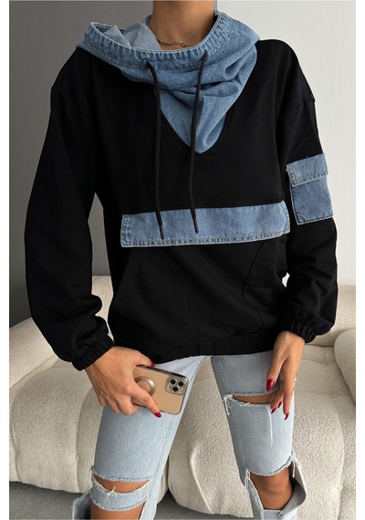 Femelle Kot Garnili Kapüşonlu Tasarım Sweatshirt siyah