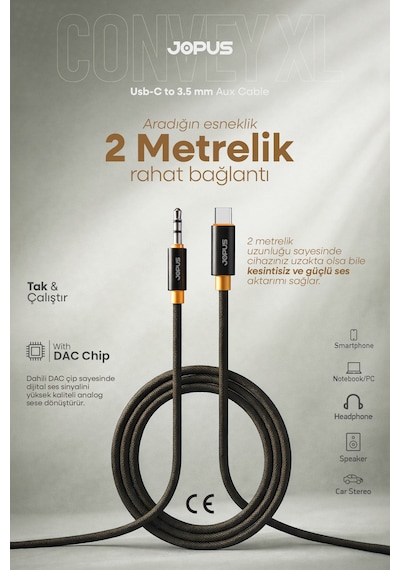 Jopus İphone Android Uyumlu - Type-c To 3.5mm Aux Ses Kablosu - Tak Çalıştır Aux Örgülü - 2 Metre Ja-12