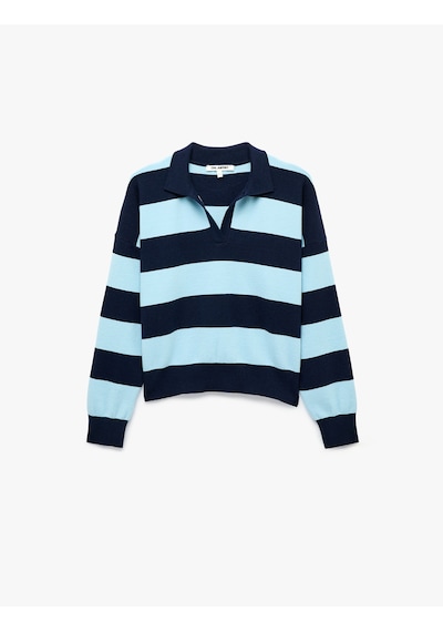 Koton Regular Fit Viskon Karışımlı Uzun Kollu Polo Yaka Triko Çizgili Kazak Lacivert Çizgili 7wal90128ht