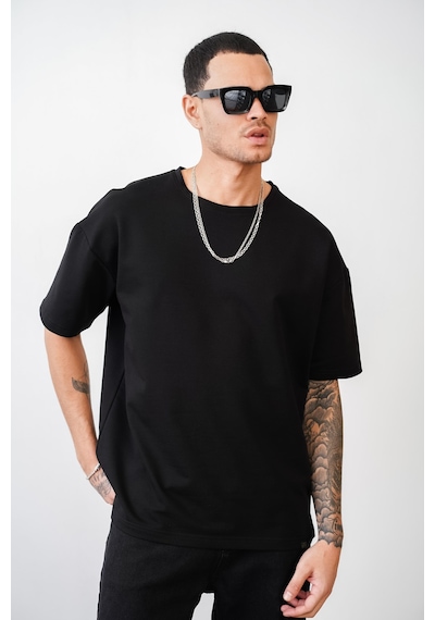 King-Brich Bisiklet Yaka Battal Boy Oversize Kalıp Basic Tişört Siyah