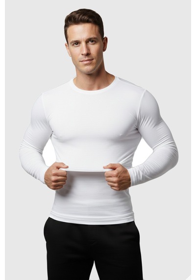 Deepsea Beyaz Dar Kalıp Likralı %90 Pamuk Erkek Sweatshirt Vücuda Oturan İnce Penye Sweat 2300423 Beyaz