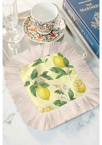 Limon Çiçek Bahçesi Saçaklı Sunum Peçetesi - Pastel Yaz Ferahlığı Akdeniz Sarı Bardak Altlığı Mendil Çok Renkli