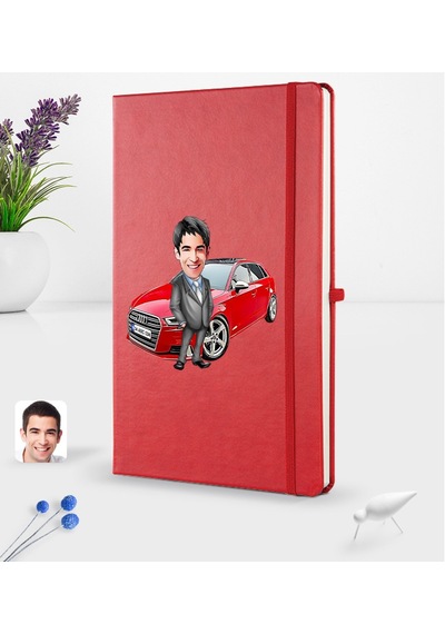 Kişiye Özel Plakalı Erkek Audi A3 Karikatürlü Kırmızı Termo Deri N11.246