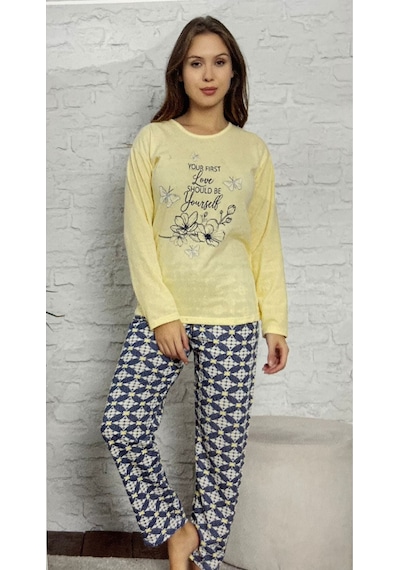 Novavita Yenihayat Sarı Yazı Baskılı Pijama Takımı