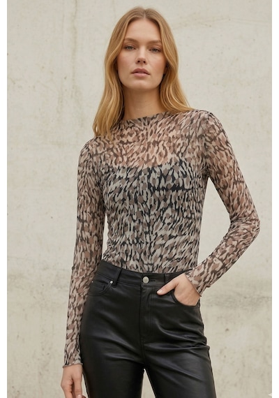 Kadın Leopar Desenli Transparan Bluz Tül Uzun Kollu Slim Fit Body Bluz