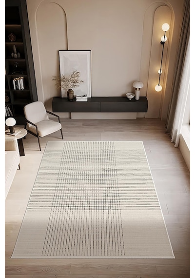 Look Black Lb001w Krem Halı Siyah Dekoratif Çizgili Modern Desen Akrilik Yumuşak Tozuaz Salon Halısı-892 Krem