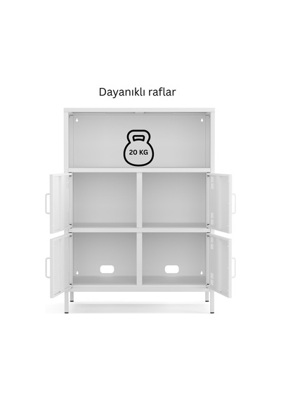 Pera Metal Çok Gözlü Dolap, 4 Kapaklı, Açık Raflı 80,50 X 40 X 109,50 Cm Ral 9016 Beyaz