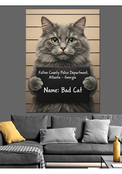 Tablo Mega Gri Kedi Komik Altyazı Dekoratif Kanvas - Mdf Ahşap Tablo