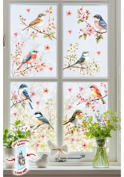 Çift Taraflı Cam Sticker Kuş Ve Çiçek Seti 57 Parça Bahar Temalı Pencere Süsü, %100 Net Görünüm Dijital Baskı
