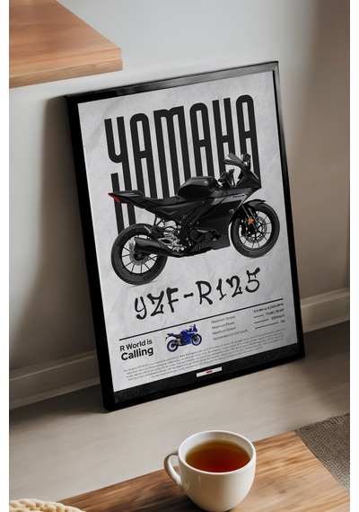 Yamaha Yzf-r125 Siyah Ahşap Çerçeveli Poster, Dekoratif Motosiklet Duvar Tablosu