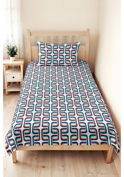 Lacivert Geometrik Genç Odası Tek Kişilik Pike Takımı - Mint Somon Retro 160x220 Cm Yatak Örtüsü Doğal Çayır Baharı