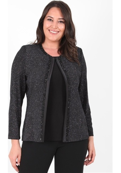 Ladies First Büyük Beden 3115 Siyah Gümüş Ceket+Atlet Abiye Ikili Takım