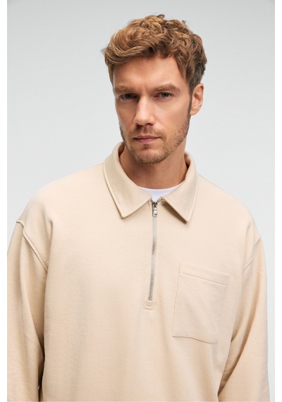 Grimelange AUGUST Erkek %100 Pamuk Yarım Fermuarlı Yakalı Cepli Süs Etiketli Bej Sweatshirt