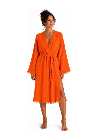 Bohemia Müslin Kimono Bornoz Püskül Detaylı Yırtmaçlı Spa & Plaj Kimonosu Turuncu