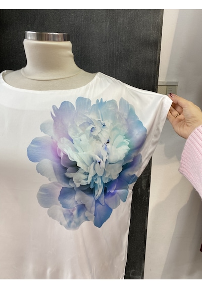 Pera Moda Büyük Beden Baskı Desenli Kısa Kollu Bluz Gömlek Mavi