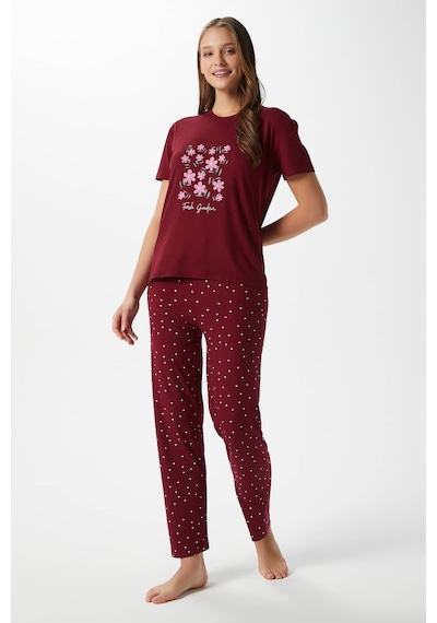 Ritnice Kadın Garden Yumuşak Doku Bordo Çiçek Desen Bisiklet Yaka Kısa Kollu Alt Üst Pijama Takımı